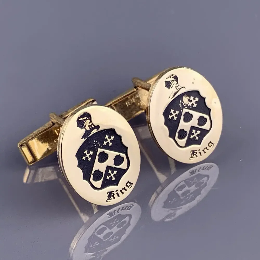 King Family Crest Cufflinks Gold Tone Knight Cross Escallop Heraldic Vintage